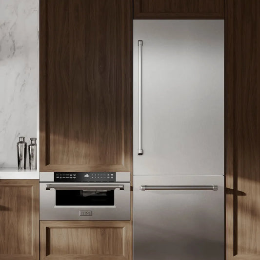 ZLINE 30 in. 16.1 cu. ft. Built-In Bottom Freezer Refrigerator with Water Dispenser and Ice Maker in Satin Stainless Steel (RBIV-SN-30) in a luxury kitchen.