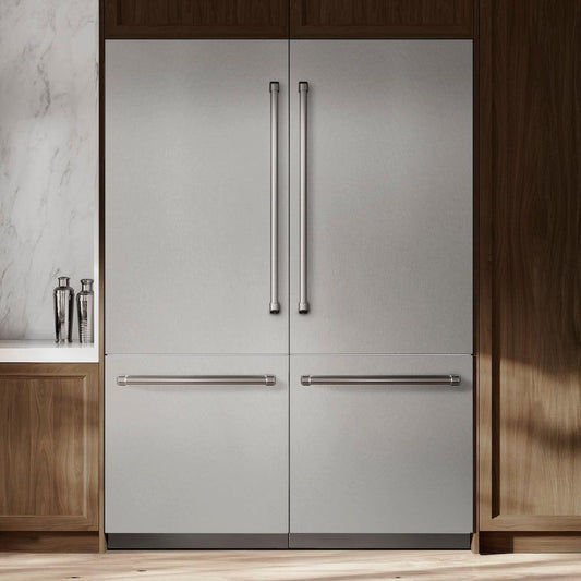 ZLINE 60 in. 32.2 cu. ft. French Door Built-In Bottom Freezer Refrigerator with Water Dispensers and Ice Makers in Satin Stainless Steel (RBIV-SN-60) in a luxury kitchen.
