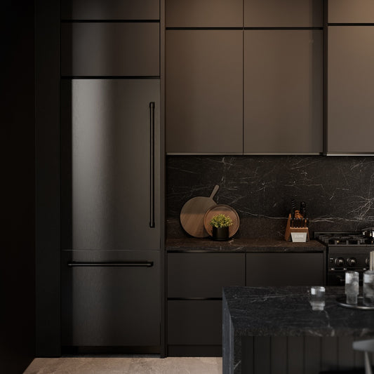 ZLINE 30 in. 16.1 cu. ft. Built-In Bottom Freezer Refrigerator with Water Dispenser and Ice Maker in Black Stainless Steel with Graphite Gray Interior (GRBIV-BS-30) lifestyle, in a luxury kitchen.