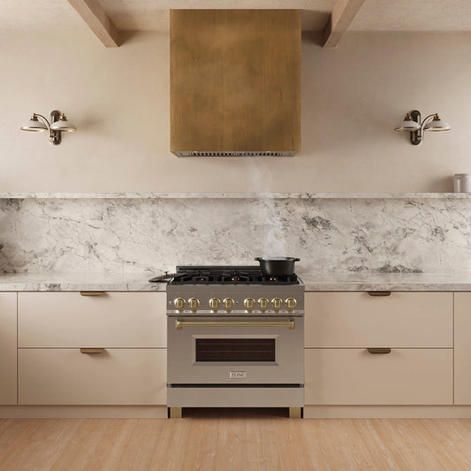 ZLINE 34 in. DuraMount™ Wall Mount Range Hood Insert in Stainless Steel (683-34) in a designer kitchen with a custom wood range hood above a stainless steel range,