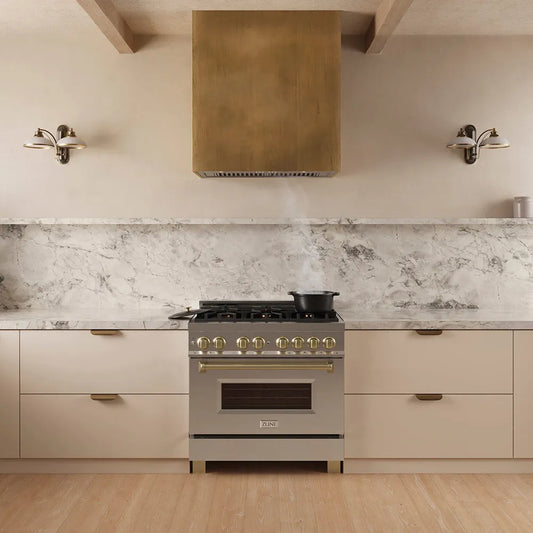 ZLINE 34 in. DuraMount™ Wall Mount Range Hood Insert in Stainless Steel (683-34) in a designer kitchen with a custom wood range hood above a stainless steel range,