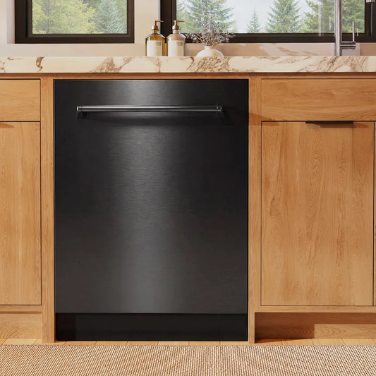 ZLINE 24 in. Monument Series 3rd Rack Dishwasher with Auto Door Open Drying, 44dBa, Black Stainless Steel Panel (DWMT-BS-24) front, in a kitchen with wooden cabinets and a window view.