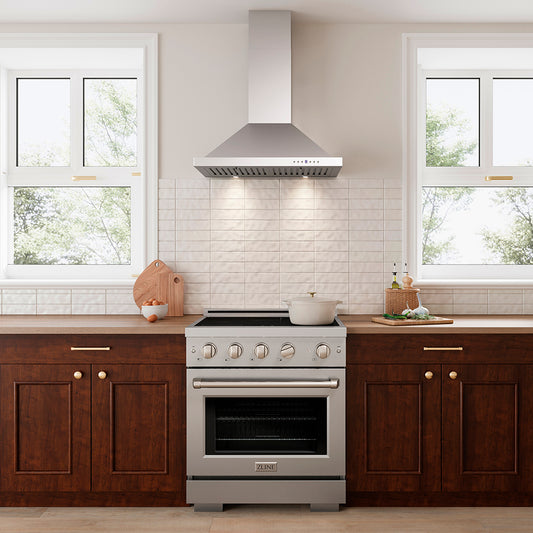 Luxury compact kitchen with stainless steel induction range and ZLINE 30 in. Convertible Vent Wall Mount Range Hood in Stainless Steel (KB-30)