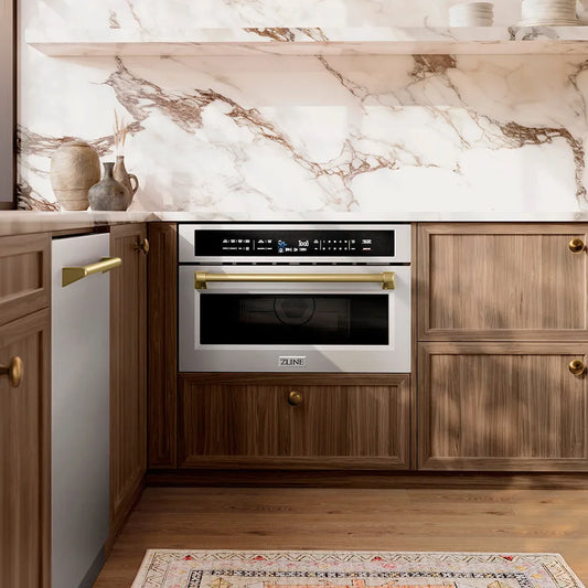 Modern kitchen with ZLINE Autograph Edition 30 in. 1.6 cu. ft. Built-in Convection Microwave Oven in Stainless Steel and Champagne Bronze Accents (MWOZ-30-CB) and marble backsplash