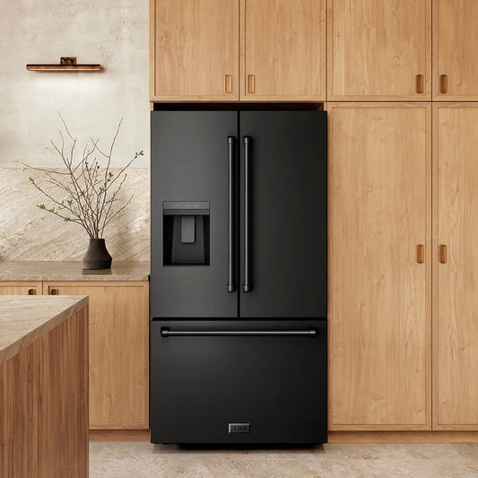 ZLINE 36 in. 28.9 cu. ft. Standard-Depth French Door External Water Dispenser Refrigerator with Dual Ice Maker in Fingerprint-Resistant Black Stainless Steel (RSM-W-36-BS) in a modern kitchen with wooden cabinets and a light-colored countertop.