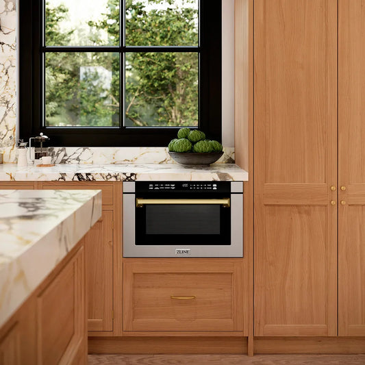 Luxury kitchen with wooden cabinets, marble countertops, and a ZLINE Autograph Edition 24 in. 1.2 cu. ft. Built-in Microwave Drawer with a Traditional Handle in Stainless Steel and Champagne Bronze Accents (MWDZ-1-H-CB)