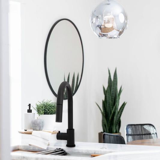 ZLINE Gemini Touchless Kitchen Faucet in Matte Black (GEM-KFS-MB) in a modern kitchen.