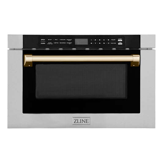 ZLINE Autograph Edition 24 in. 1.2 cu. ft. Built-in Microwave Drawer with a Traditional Handle in Stainless Steel and Polished Gold Accents (MWDZ-1-H-G)