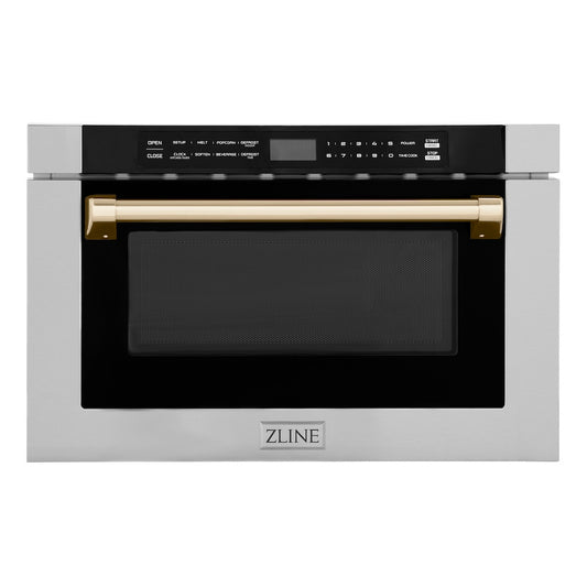 ZLINE Autograph Edition 24 in. 1.2 cu. ft. Built-in Microwave Drawer with a Traditional Handle in Stainless Steel and Polished Gold Accents (MWDZ-1-H-G) main image.