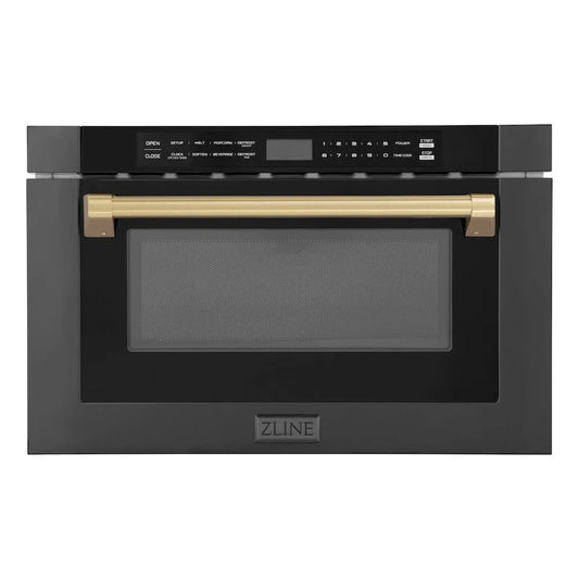ZLINE Autograph Edition 24 in. 1.2 cu. ft. Built-in Microwave Drawer in Black Stainless Steel and Champagne Bronze Accents (MWDZ-1-BS-H-CB) main image.