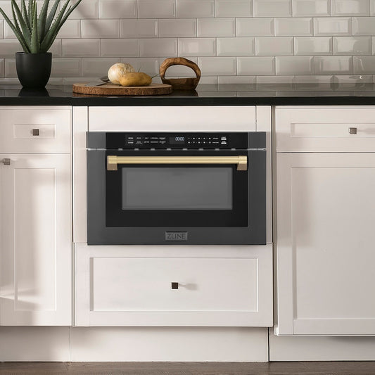 Modern farmhouse kitchen with a ZLINE Autograph Edition 24 in. 1.2 cu. ft. Built-in Microwave Drawer in Black Stainless Steel and Champagne Bronze Accents (MWDZ-1-BS-H-CB) and white cabinets.