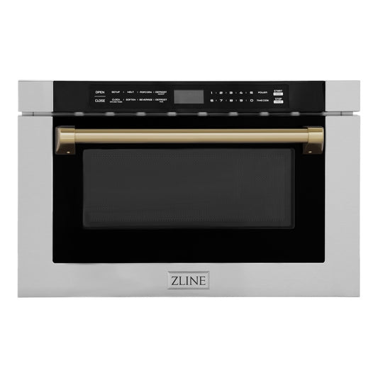 ZLINE Autograph Edition 24 in. 1.2 cu. ft. Built-in Microwave Drawer with a Traditional Handle in Stainless Steel and Champagne Bronze Accents (MWDZ-1-H-CB) main image.