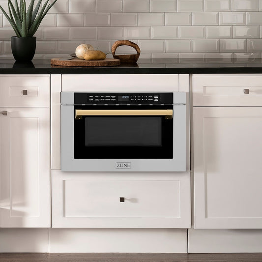 Modern farmhouse kitchen with ZLINE Autograph Edition 24 in. 1.2 cu. ft. Built-in Microwave Drawer with a Traditional Handle in Stainless Steel and Polished Gold Accents (MWDZ-1-H-G) integrated into white cabinetry.