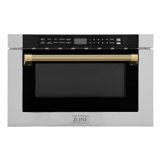 ZLINE Autograph Edition 24 in. 1.2 cu. ft. Built-in Microwave Drawer in Stainless Steel and Polished Gold Helix Handle (MWDZ-1-H-KG)