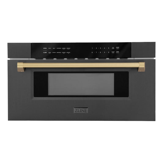 ZLINE Autograph Edition 30 in. 1.2 cu. ft. Built-in Microwave Drawer in Black Stainless Steel and Champagne Bronze Accents (MWDZ-30-BS-CB) main image.