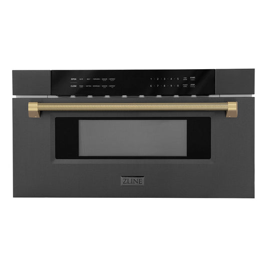 ZLINE Autograph Edition 30 in. 1.2 cu. ft. Built-in Microwave Drawer in Black Stainless Steel and Champagne Bronze Helix Handle (MWDZ-30-BS-KCB)