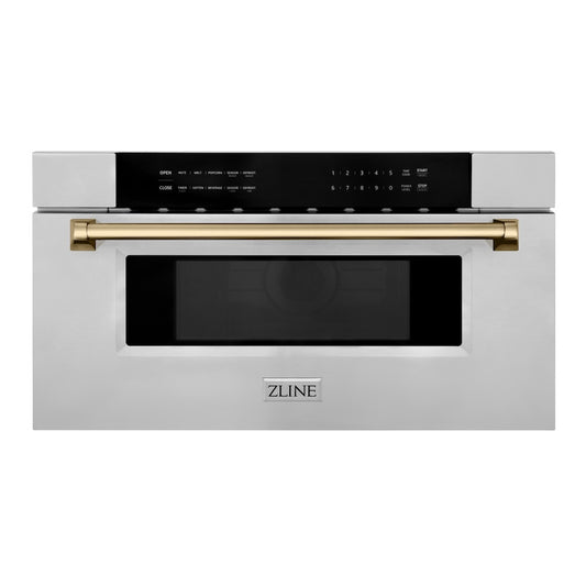 ZLINE Autograph Edition 30 in. 1.2 cu. ft. Built-In Microwave Drawer in Stainless Steel with Champagne Bronze Accents (MWDZ-30-CB) main image.