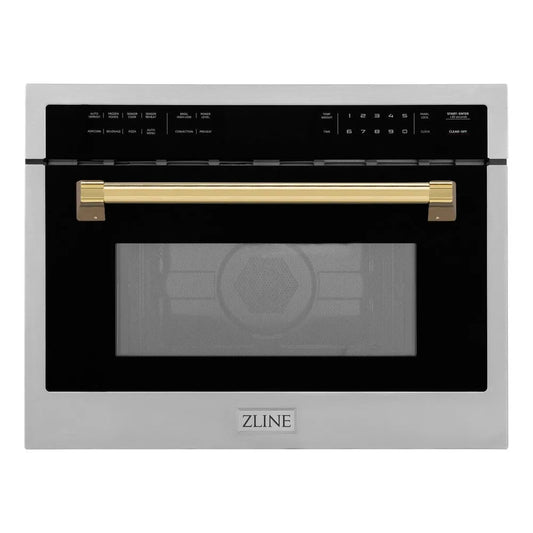 ZLINE Autograph Edition 24 in. 1.6 cu ft. Built-in Convection Microwave Oven in Stainless Steel with Polished Gold Accents (MWOZ-24-G) main image.
