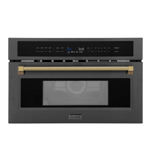 ZLINE Autograph Edition 30 in. 1.6 cu ft. Built-in Convection Microwave Oven in Black Stainless Steel and Polished Gold Helix Handle (MWOZ-30-BS-KG)
