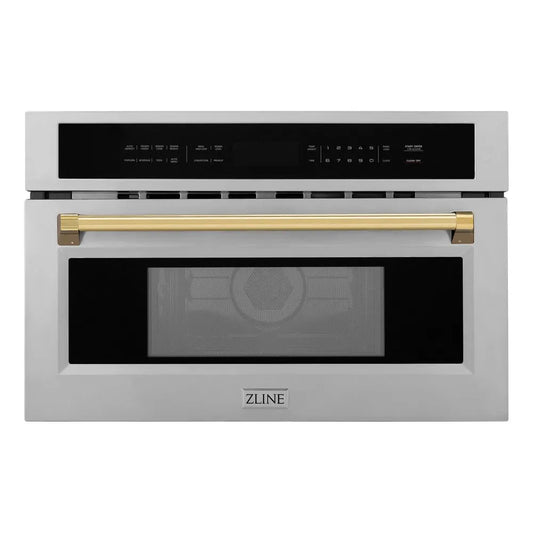 ZLINE Autograph Edition 30 in. 1.6 cu ft. Built-in Convection Microwave Oven in Stainless Steel with Polished Gold Accents (MWOZ-30-G) main image.
