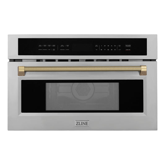 ZLINE Autograph Edition 30 in. 1.6 cu ft. Built-in Convection Microwave Oven in Stainless Steel and Champagne Bronze Helix Handle (MWOZ-30-KCB)