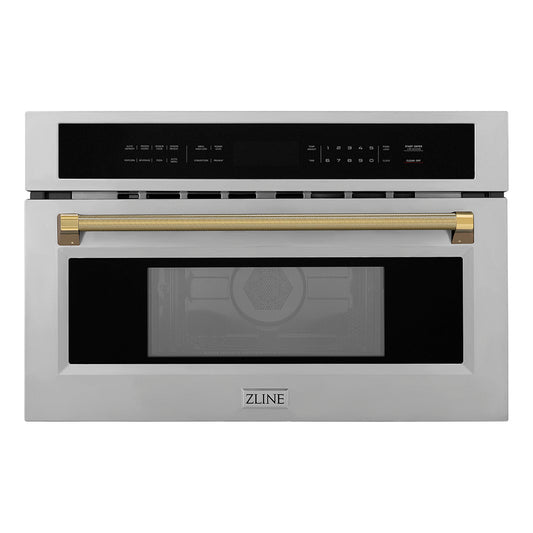 ZLINE Autograph Edition 30 in. 1.6 cu ft. Built-in Convection Microwave Oven in Stainless Steel and Polished Gold Helix Handle (MWOZ-30-KG)