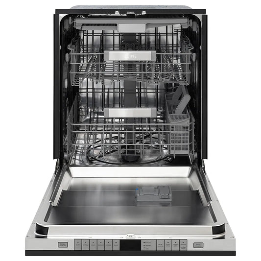ZLINE 24 in. Monument Series 3rd Rack Dishwasher with Auto Door Open Drying, 44dBa, Black Matte Panel (DWMT-BLM-24) front, open.