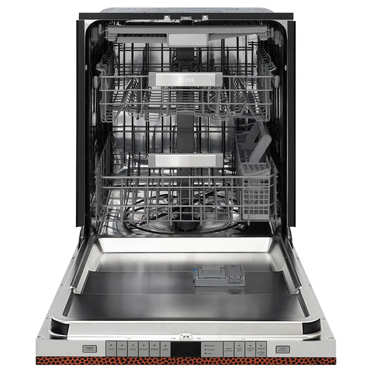 ZLINE 24 in. Monument Series 3rd Rack Dishwasher with Auto Door Open Drying, 44dBa, Hand Hammered Copper Panel (DWMT-HH-24) front, open.