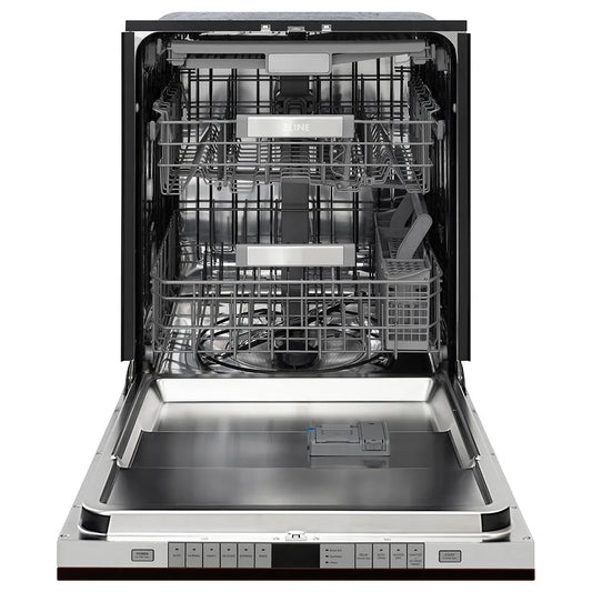 ZLINE 24 in. Monument Series 3rd Rack Dishwasher with Auto Door Open Drying, 44dBa, Oil Rubbed Bronze Panel (DWMT-ORB-24) front, open.