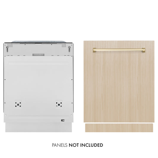 ZLINE Autograph Edition 24 in. Monument Series 3rd Rack Dishwasher with Auto Door Open Drying, 44dBa, Panel Ready with Polished Gold Handle (DWMTZ-24-G) front, dishwasher unit next to custom panel. Text: Panel not included.