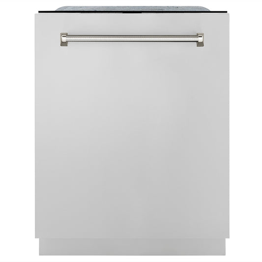 ZLINE Autograph Edition 24 in. Monument Series 3rd Rack Dishwasher with Auto Door Open Drying, 44dBa, Stainless Steel Panel with Polished Nickel Helix Handle (DWMTZ-30424-KPN) front, closed.