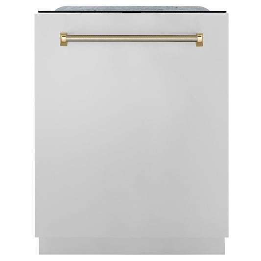 ZLINE Autograph Edition 24 in. Monument Series 3rd Rack Dishwasher with Auto Door Open Drying, 44dBa, Stainless Steel Panel with Polished Gold Handle (DWMTZ-304-24-G) front, closed.