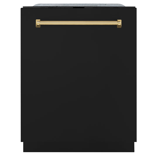 ZLINE Autograph Edition 24 in. Monument Series 3rd Rack Dishwasher with Auto Door Open Drying, 44dBa, Black Matte Panel with Polished Gold Handle (DWMTZ-BLM-24-G) front, closed.