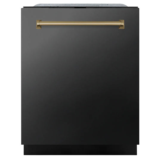 ZLINE Autograph Edition 24 in. Monument Series 3rd Rack Dishwasher with Auto Door Open Drying, 44dBa, Black Stainless Steel Panel with Champagne Bronze Handle (DWMTZ-BS-24-CB) main image.