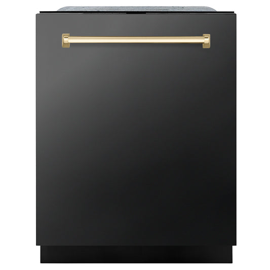 ZLINE Autograph Edition 24 in. Monument Series 3rd Rack Dishwasher with Auto Door Open Drying, 44dBa, Black Stainless Steel Panel with Polished Gold Handle (DWMTZ-BS-24-G)