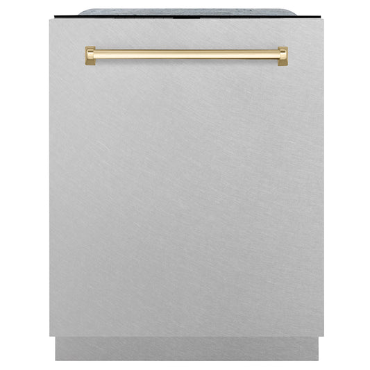 ZLINE Autograph Edition 24 in. Monument Series 3rd Rack Dishwasher with Auto Door Open Drying, 44dBa, Satin Stainless Steel Panel with Polished Gold Handle (DWMTZ-SN-24-G) front, closed.
