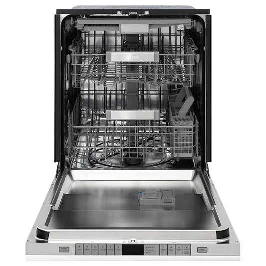 ZLINE Autograph Edition 24 in. Monument Series 3rd Rack Dishwasher with Auto Door Open Drying, 44dBa, White Matte Panel with Polished Gold Handle (DWMTZ-WM-24-G) front, open.