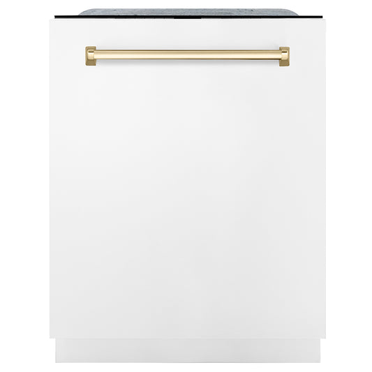 ZLINE Autograph Edition 24 in. Monument Series 3rd Rack Dishwasher with Auto Door Open Drying, 44dBa, White Matte Panel with Polished Gold Handle (DWMTZ-WM-24-G) front, closed.