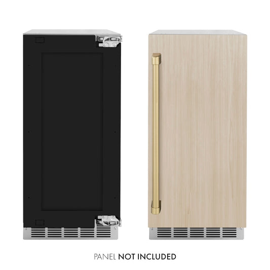 ZLINE Autograph Edition 15 in. Touchstone Clear Cube Ice Maker with Drain Pump and Panel Ready Door with Champagne Bronze Handle (ICCDPZ-15-CB) front, panel ready unit side-by-side with unit with custom panels. Text: Panel not included.