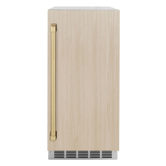 ZLINE Autograph Edition 15 in. Touchstone Clear Cube Ice Maker with Drain Pump and Panel Ready Door with Champagne Bronze Handle (ICCDPZ-15-CB) front, closed, panel and handle on.
