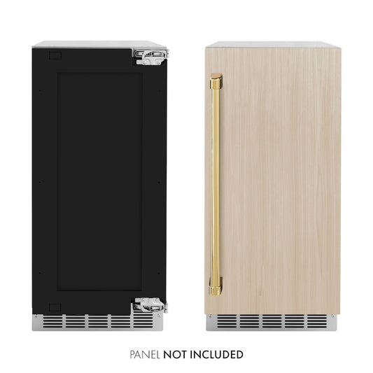 ZLINE Autograph Edition 15 in. Touchstone Gourmet Ice Maker with Drain Pump and Panel Ready Door with Polished Gold Handle (IGMDPZ-15-G) front, panel ready unit side-by-side with unit with custom panels. Text: Panel not included.