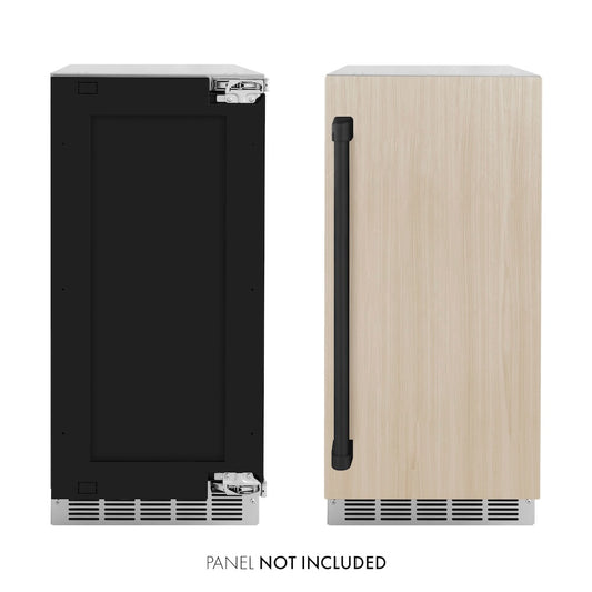 ZLINE Autograph Edition 15 in. Touchstone Gourmet Ice Maker with Drain Pump and Panel Ready Door with Matte Black Handle (IGMDPZ-15-MB) front, panel ready unit side-by-side with unit with custom panels. Text: Panel not included.