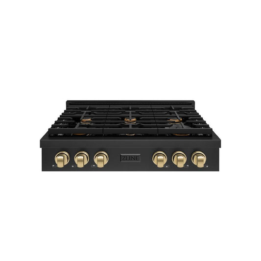 ZLINE 36 in. Autograph Edition Paramount Gas Rangetop with 6 Burners and Porcelain Cooktop in Black Stainless Steel with Champagne Bronze Accents (SRTBZ-36-CB) front.
