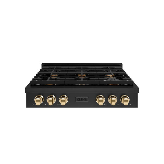 ZLINE 36 in. Autograph Edition Paramount Gas Rangetop with 6 Burners and Porcelain Cooktop in Black Stainless Steel with Polished Gold Accents (SRTBZ-36-G) front.