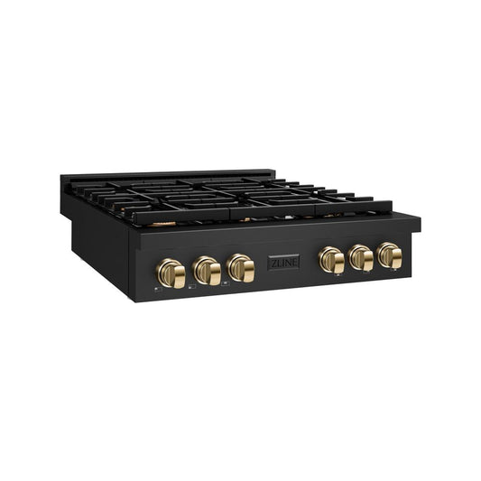 ZLINE 36 in. Autograph Edition Paramount Gas Rangetop with 6 Burners and Porcelain Cooktop in Black Stainless Steel with Polished Gold Accents (SRTBZ-36-G) side.