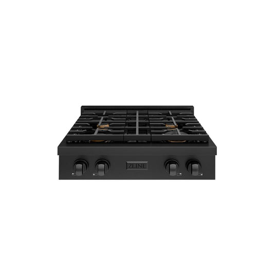 ZLINE 30 in. Paramount Gas Rangetop with 4 Brass Burners and Porcelain Cooktop in Black Stainless Steel (SRTB-BR-30) front.