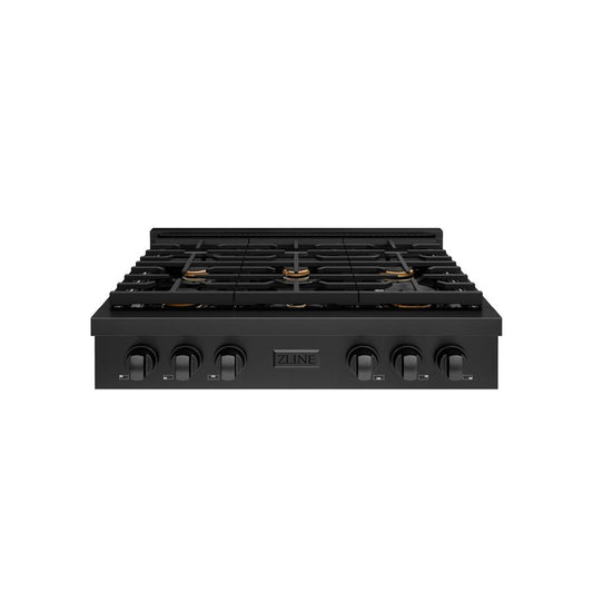 ZLINE 36 in. Paramount Gas Rangetop with 6 Brass Burners and Porcelain Cooktop in Black Stainless Steel (SRTB-BR-36) front.