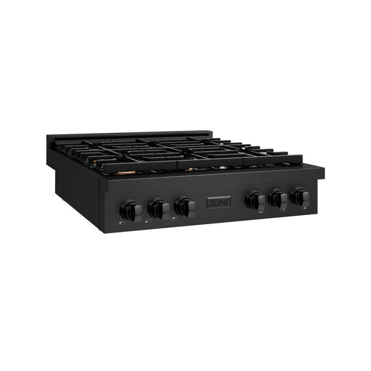 ZLINE 36 in. Paramount Gas Rangetop with 6 Brass Burners and Porcelain Cooktop in Black Stainless Steel (SRTB-BR-36) side.