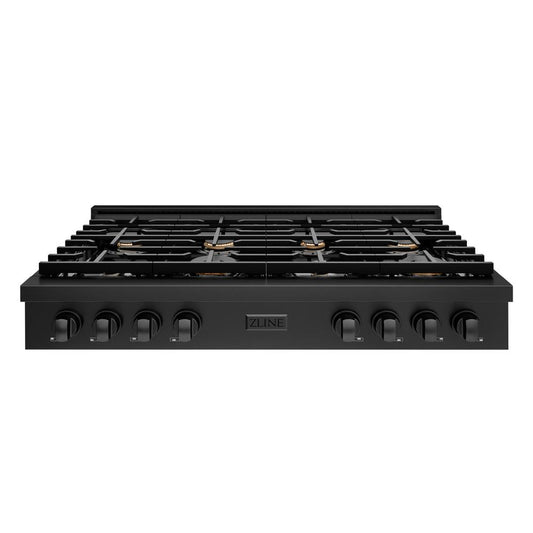 ZLINE 48 in. Paramount Gas Rangetop with 8 Brass Burners and Porcelain Cooktop in Black Stainless Steel (SRTB-BR-48) front.