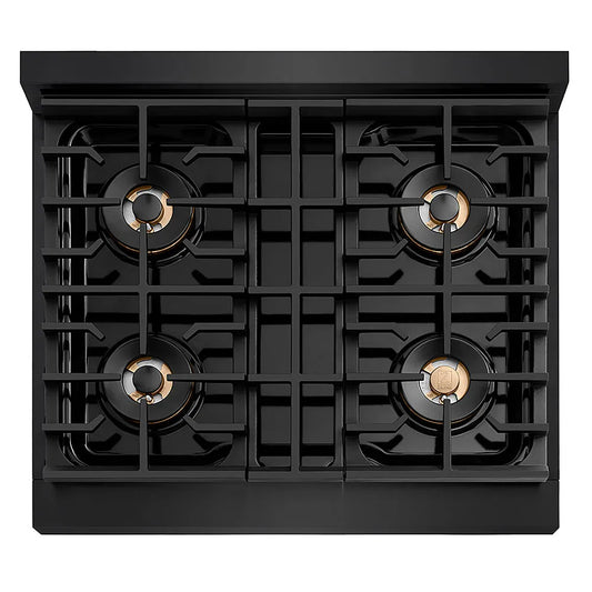 ZLINE Autograph Edition 30 in. Paramount Gas Rangetop with 4 Burner DuoPro™ Cooktop in Black Stainless Steel and Polished Gold Accents (PSRTBZ-30-G) top-down, above cooktop.